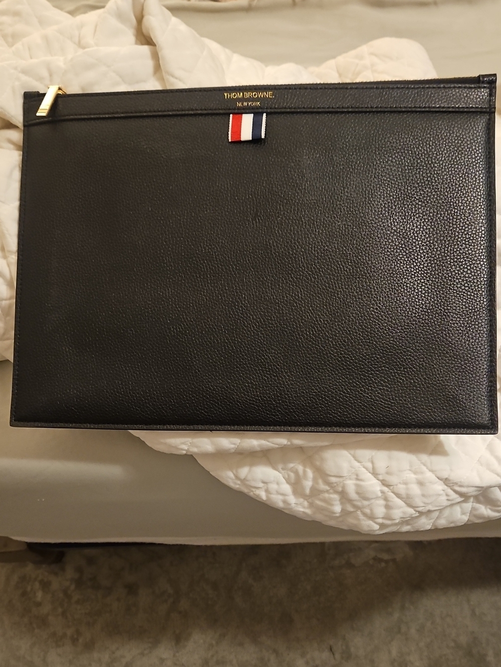 Thom Browne Black Pebbled Leather Toiletry Pouch with Tricolor Tab